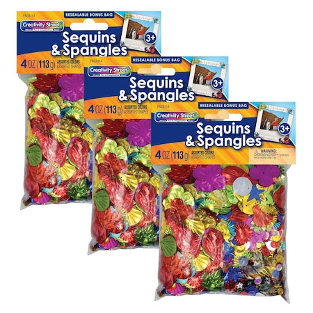 Creativity Street Sequins + Spangles, Assorted Colors and Sizes, 4 oz. Per Pack, PK3 PAC6114